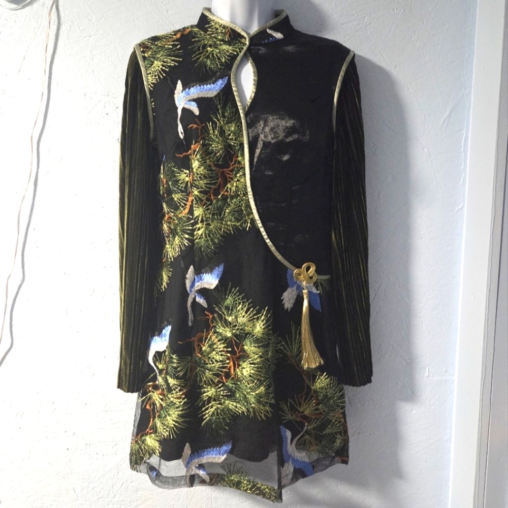 Sijin Studio Embroidered Black Dress W/Green Velvet Sleeves - Size L
